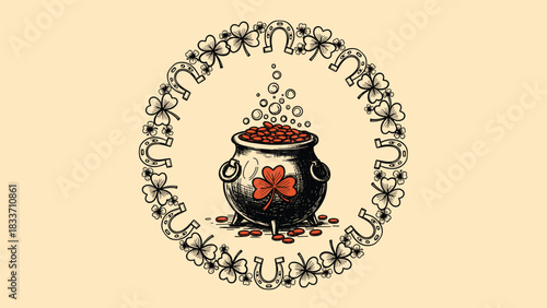 Vintage hand-drawn illustration of a leprechaun's pot of gold, enclosed in a circular frame of lucky horseshoes and shamrocks.