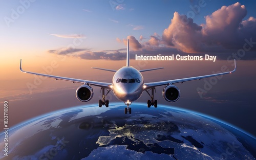 Airplane flying over glowing earth at sunset with dramatic clouds