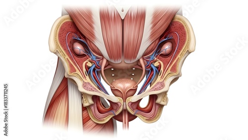 Medical anatomical illustration of the male pelvic region in cross section, showing internal organs including bladder, prostate, rectum, urethra, and reproductive structures. Detailed musculature and 