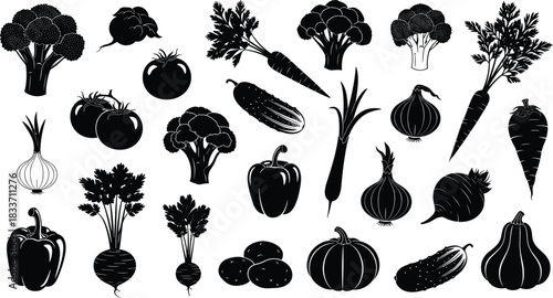 Black Silhouette Set of Fresh Vegetables Including Onion, Carrot, Broccoli, Tomato, and Pepper, Representing Healthy Eating, Gardening, and Organic Food Graphics.