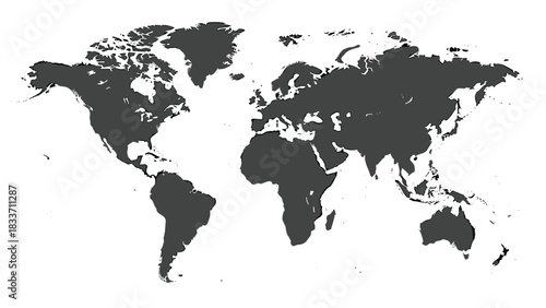 Detailed dark grey silhouette of the world map, showing all continents and major islands, isolated on a clean white background.