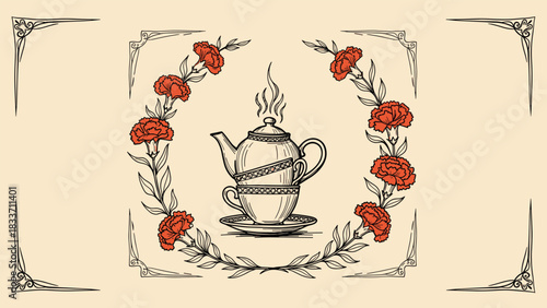 Vintage hand-drawn illustration of a steaming teapot and cup, framed by a circular wreath of red carnation flowers and leaves.