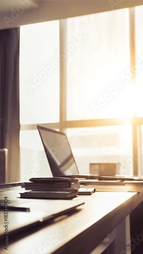 A serene workspace bathed in the warm glow of sunlight, featuring a laptop and essential desk items