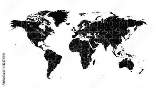 Detailed black silhouette of the world map showing all country borders and continents on a clean, isolated white background.