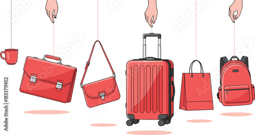 Red travel and personal accessories including coffee cup, briefcase, handbag, suitcase, shopping bag, and backpack suspended by hands
