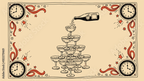 Vintage hand-drawn illustration of a champagne tower with a bottle pouring into glasses, framed by clocks and ribbons for a party.