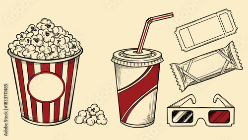 Vintage hand-drawn collection of classic movie night items, including popcorn, a soda drink, 3D glasses, a ticket, and a candy bar.