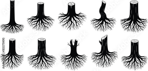 Black Silhouette Set of Tree Stumps and Intertwined Roots in Various Styles, Representing Deforestation, Environment, Forestry, Nature, and Renewable Energy Graphics.