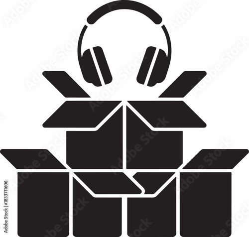 Boxes delivery and listening with headphones vector icon on checkered background