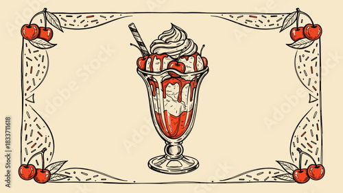 Vintage hand-drawn illustration of a delicious ice cream sundae with cherries, presented inside a decorative border.