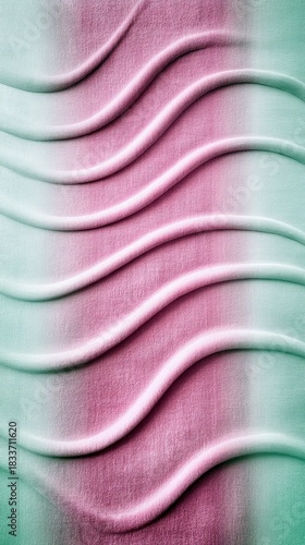 An abstract image featuring a textured surface with a wavy pattern, showcasing a gradient of pink and green hues.