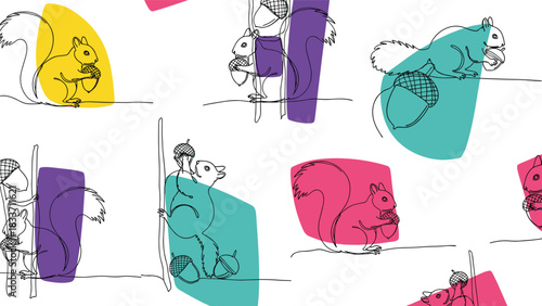 Modern and playful seamless pattern featuring line art squirrels and acorns layered over colorful abstract geometric shapes.