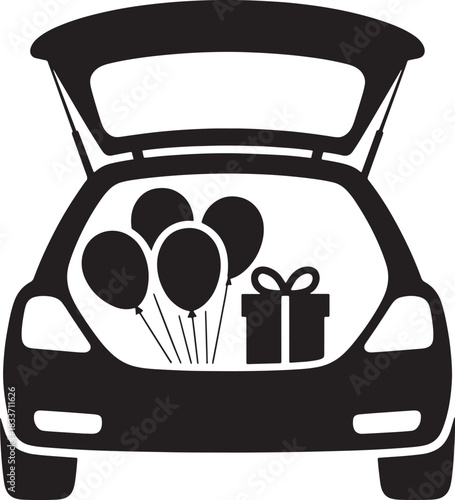 Car trunk full of gift box and balloons surprise black silhouette on transparent