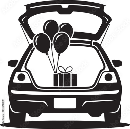 Car trunk carrying gift box and balloons for surprise occasion vector art