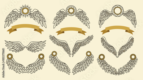 Hand-drawn vintage collection of decorative angel wings, featuring halos and ribbons, perfect for heraldic or spiritual designs.