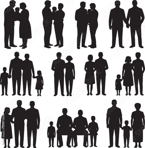 Family Relationships Silhouettes Collection with Couple Holding Hands and Children