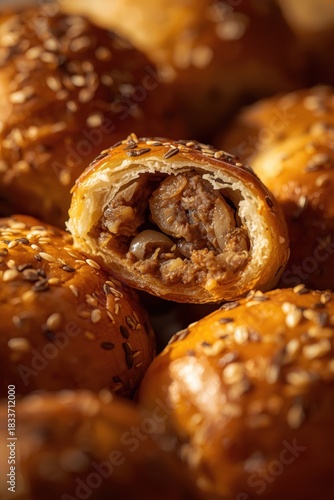 Close up of savory pastry rolls filled with meat and topped with sesame seeds
