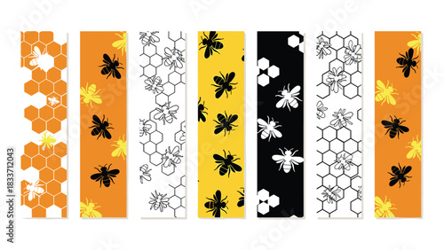 Collection of vertical bookmarks or banners featuring bee and honeycomb patterns in orange, yellow, black, and white color schemes.