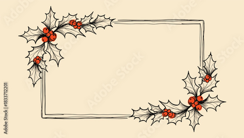 Hand-drawn vintage rectangular frame decorated with holly branches and red berries in the corners, perfect for Christmas greetings.