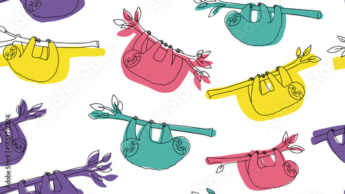 Colorful seamless pattern of cute sloths hanging from branches drawn in a continuous line style with bright color spots.