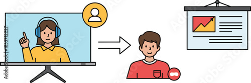 Virtual learning and online presentation illustration featuring presenter, student, computer monitor, chart, and digital communication symbols