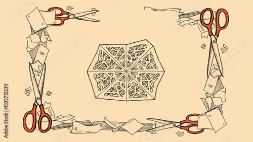 Hand-drawn vintage illustration of making a paper snowflake, with scissors, paper scraps, and a finished snowflake in a decorative frame.