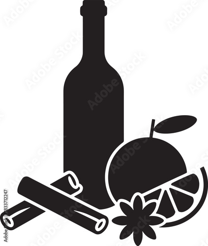 Mulled Spice Silhouette Featuring Bottle, Orange, Cinnamon for Festive Celebration