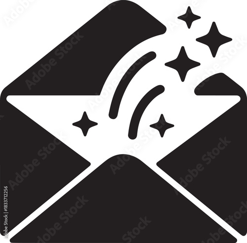 Open Envelope with Sparkles Black Silhouette Icon Isolated on Transparent Background