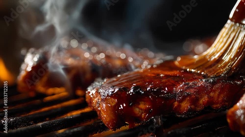 Smoky, grilled pork rib cooking on hot grill creating mouthwatering culinary experience brushing savory barbecue sauce onto tender meat for perfect summer cookout