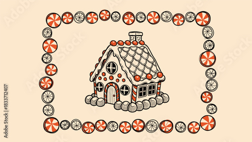 Hand-drawn vintage illustration of a festive gingerbread house, set within a decorative frame made of round peppermint candies.