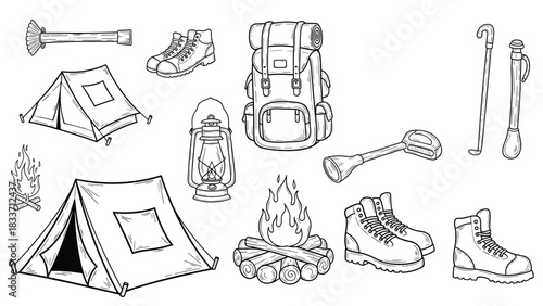 Hand-drawn set of vintage camping and hiking equipment, including a tent, backpack, boots, lantern, and campfire on a white background.