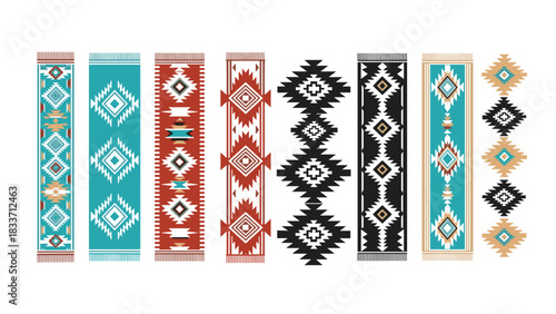 Collection of colorful vertical Navajo and Native American style geometric patterns and borders for ethnic and tribal textile designs.