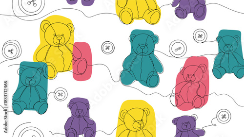 Playful and seamless kids pattern of line art teddy bears and buttons layered over colorful abstract geometric shapes.