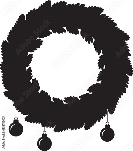 Wreath with ornate hanging balls black silhouette on transparent background backdrop