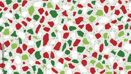 Terrazzo pattern featuring red, green, and white chips embedded in a light gray matrix, creating a festive and colorful speckled texture.