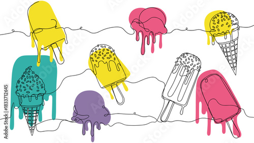 Continuous one-line drawing of various melting ice creams and popsicles, decorated with colorful abstract shapes for a summer design.