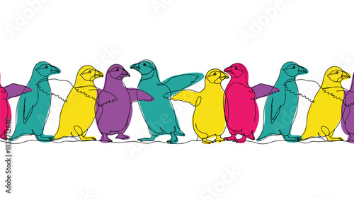 Seamless horizontal border of colorful penguins drawn with a continuous single line, creating a modern and playful animal design.