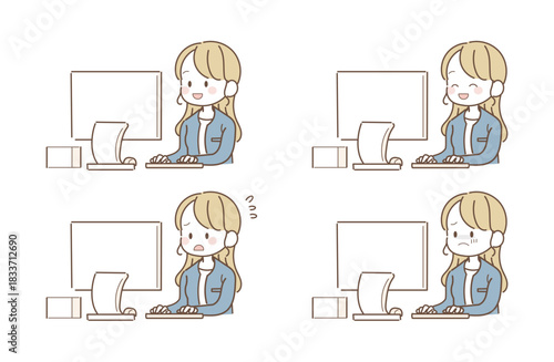 パソコンで作業する会社員の表情セット