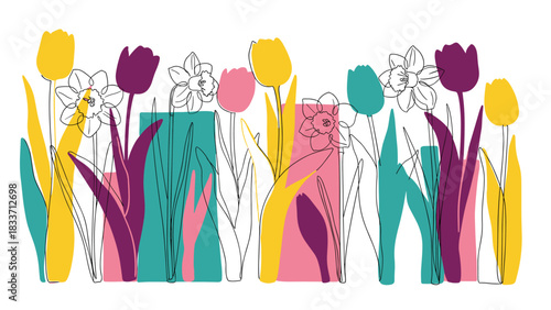 Modern artistic arrangement of spring flowers like tulips and daffodils, combining line art with colorful abstract shapes.