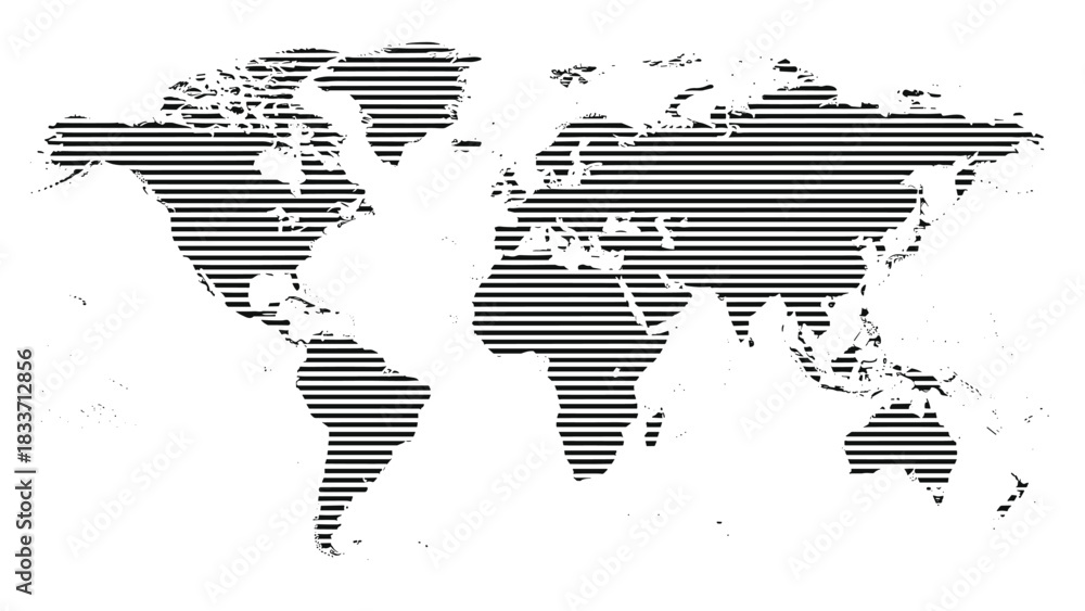 Obraz premium Modern world map illustration created from a pattern of horizontal black lines, offering a stylish and abstract global perspective.