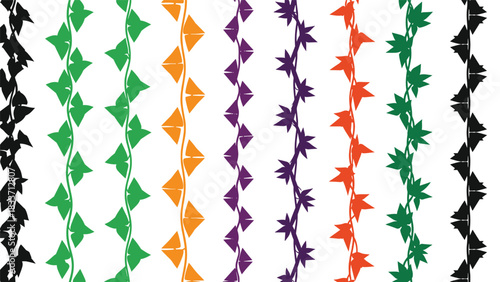 Set of colorful seamless vertical borders with abstract vine and leaf patterns in a rough, brush-stroke style for design trim.