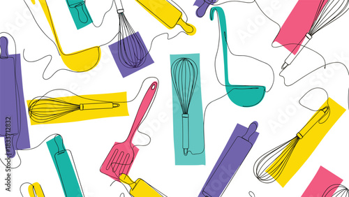 Seamless pattern of kitchen utensils in a continuous one-line drawing style, with colorful abstract shapes for a modern culinary design.
