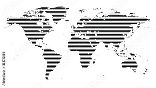 Modern world map illustration created from a pattern of horizontal black lines, offering a stylish and abstract global perspective.