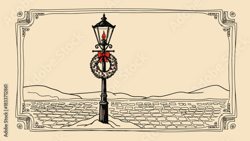 Vintage Christmas card design with a hand-drawn street lamp decorated with a wreath on a snowy cobblestone street in a classic frame.