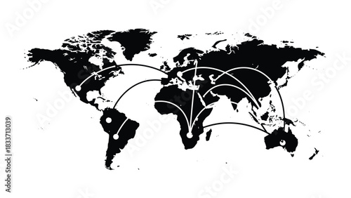 Black world map silhouette showing global connections with curved lines, illustrating international travel, trade, and networks.
