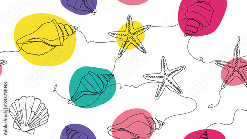Continuous line art seamless pattern of seashells and starfish over colorful abstract spots on a white background.