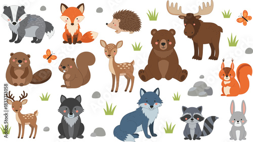 Large Vector Collection of Cute Flat Style North American and European Woodland Animals, Including a Moose, Badger, Beaver, Bear, Deer, Raccoon, Wolf, Squirrel, and Hedgehog for Kids' Design