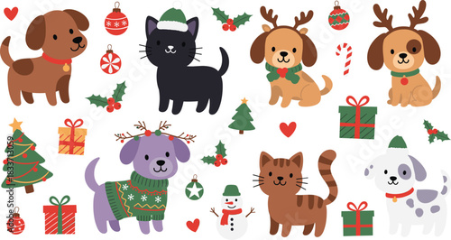 Adorable Vector Set of Cute Dogs and Cats Dressed in Christmas Outfits and Reindeer Antlers, Surrounded by Holiday Decorations, Candy Canes, Presents, Holly, and a Festive Snowman