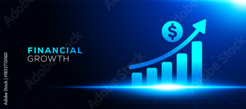 Financial growth vector with glowing blue bar chart and rising arrow symbolizing profit, investment success,  economic progress. presentations, marketing visuals, financial analytics concepts