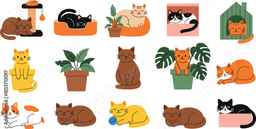 Large Collection of Charming Flat Vector Cat Characters Sitting in Plant Pots, Sleeping in Beds and Houses, and Posing Near Scratching Posts, Ideal for Pet-Themed Design